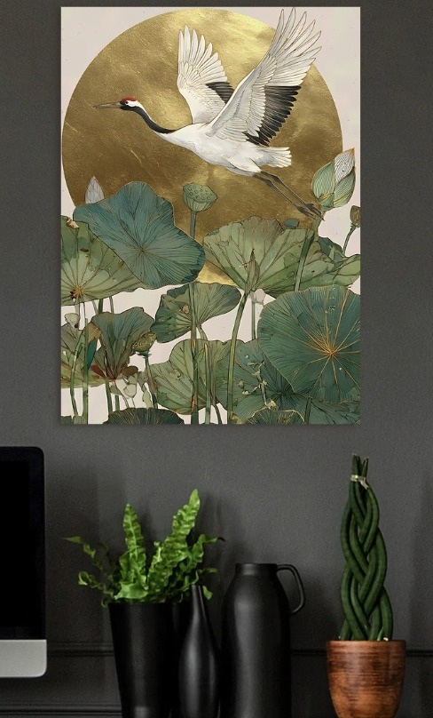 Crane Flying Over Lotus Pond — metal poster wall art by Lineer